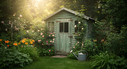 Rustic Garden Shed Surrounded By Flowers In A Lush Tranquil Garden Setting