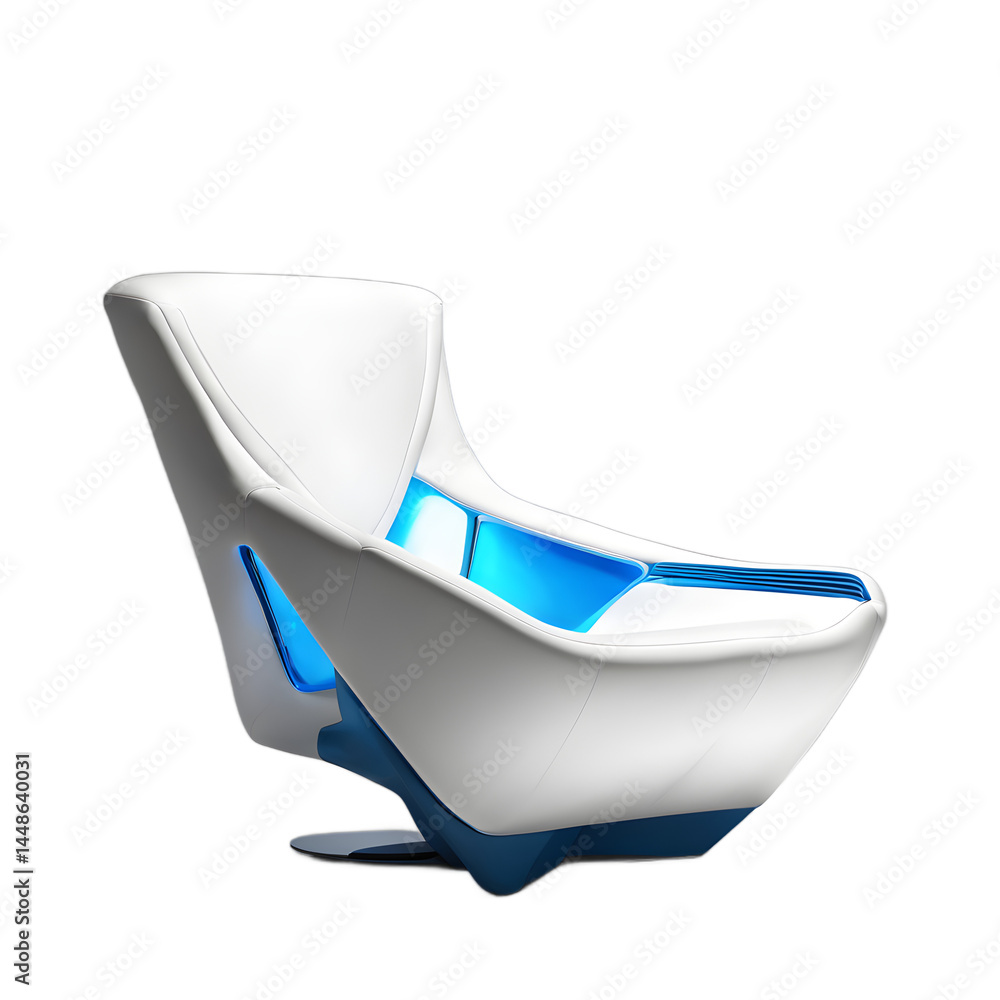 Poster futuristic fiberglass shell armchair with neon blue padding isolated on a empty plain background