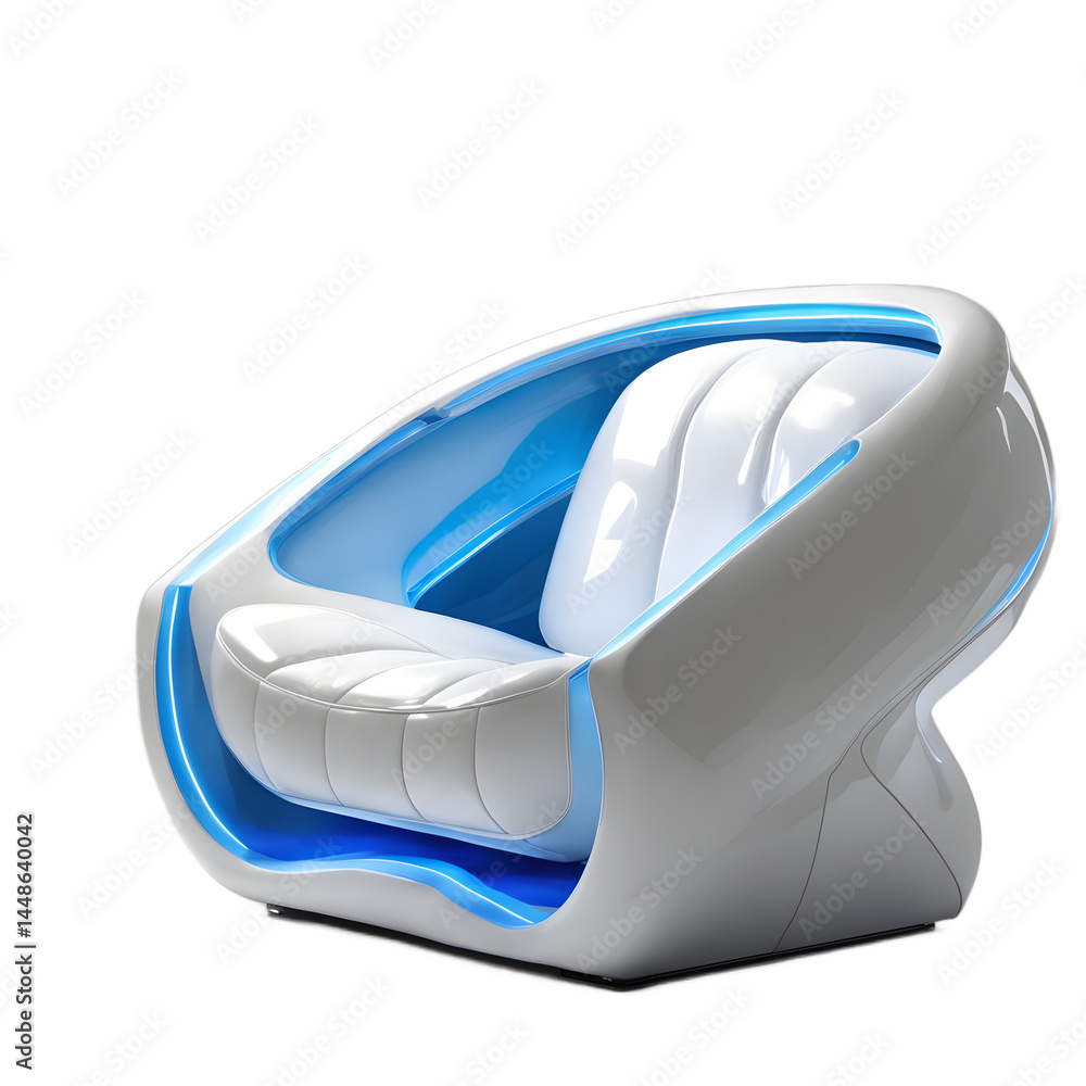 Aufkleber futuristic fiberglass shell armchair with neon blue padding isolated on a empty plain background
