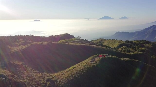 beautiful of a morning view on the peak of prau mountain, central java