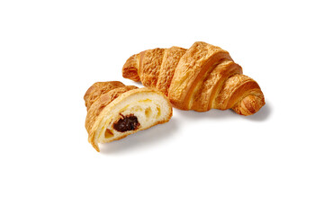 Delicious croissant with chocolate filling showing on white background