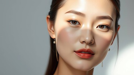 Fototapeta premium Sunlit Portrait: A Woman's Serene Face, Soft Light, Elegant Style