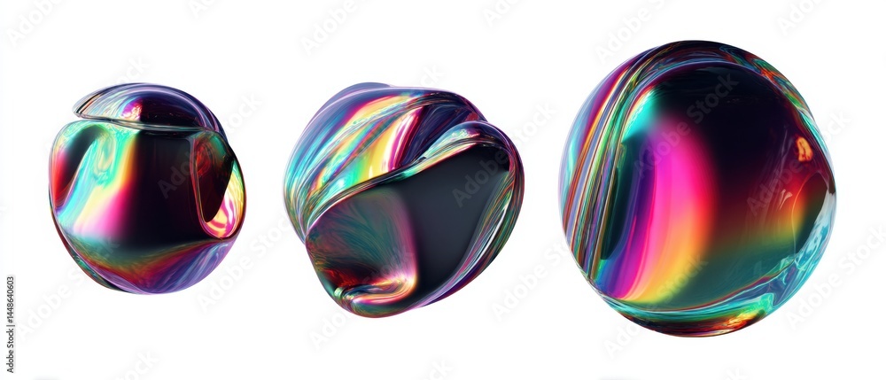Poster iridescent abstract shapes on white background reflecting light and color creating a modern and futu