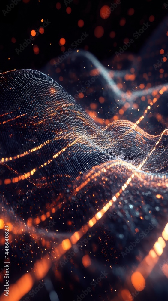 Poster abstract data stream visualization with glowing particles and wavy lines on dark background digital 