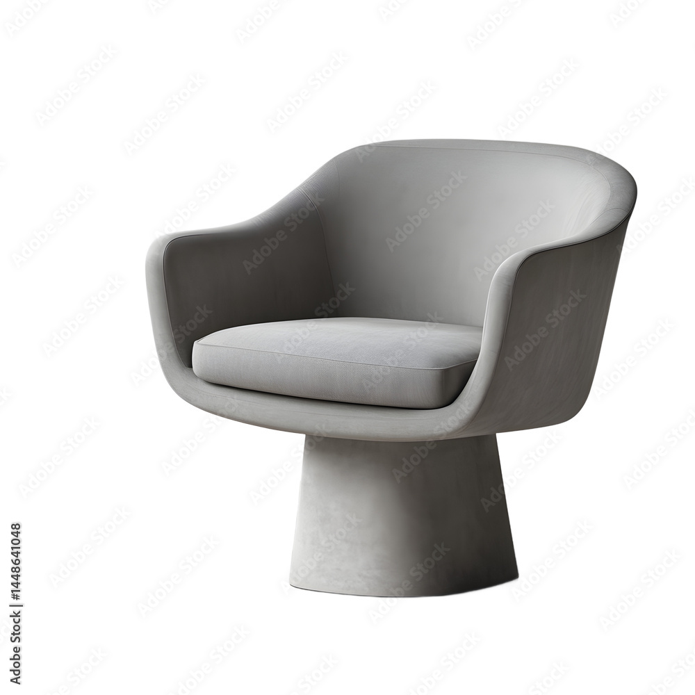 Poster industrial concrete base armchair with minimalistic grey seat isolated on a empty plain background