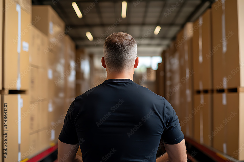 Poster man in black shirt walks down a path of boxes in a distribution center. he is looking at the path ah