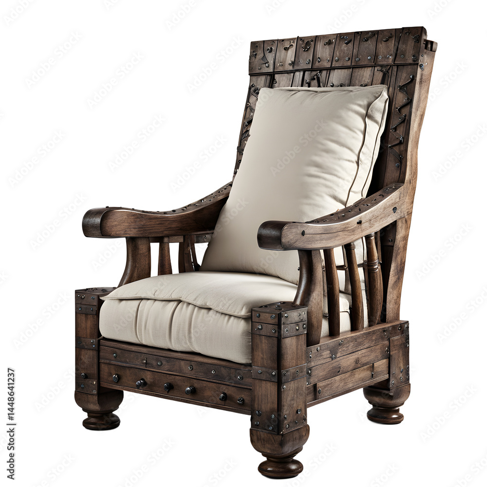 Poster medieval rustic wooden armchair with iron nails and wool cushion isolated on a empty plain backgroun