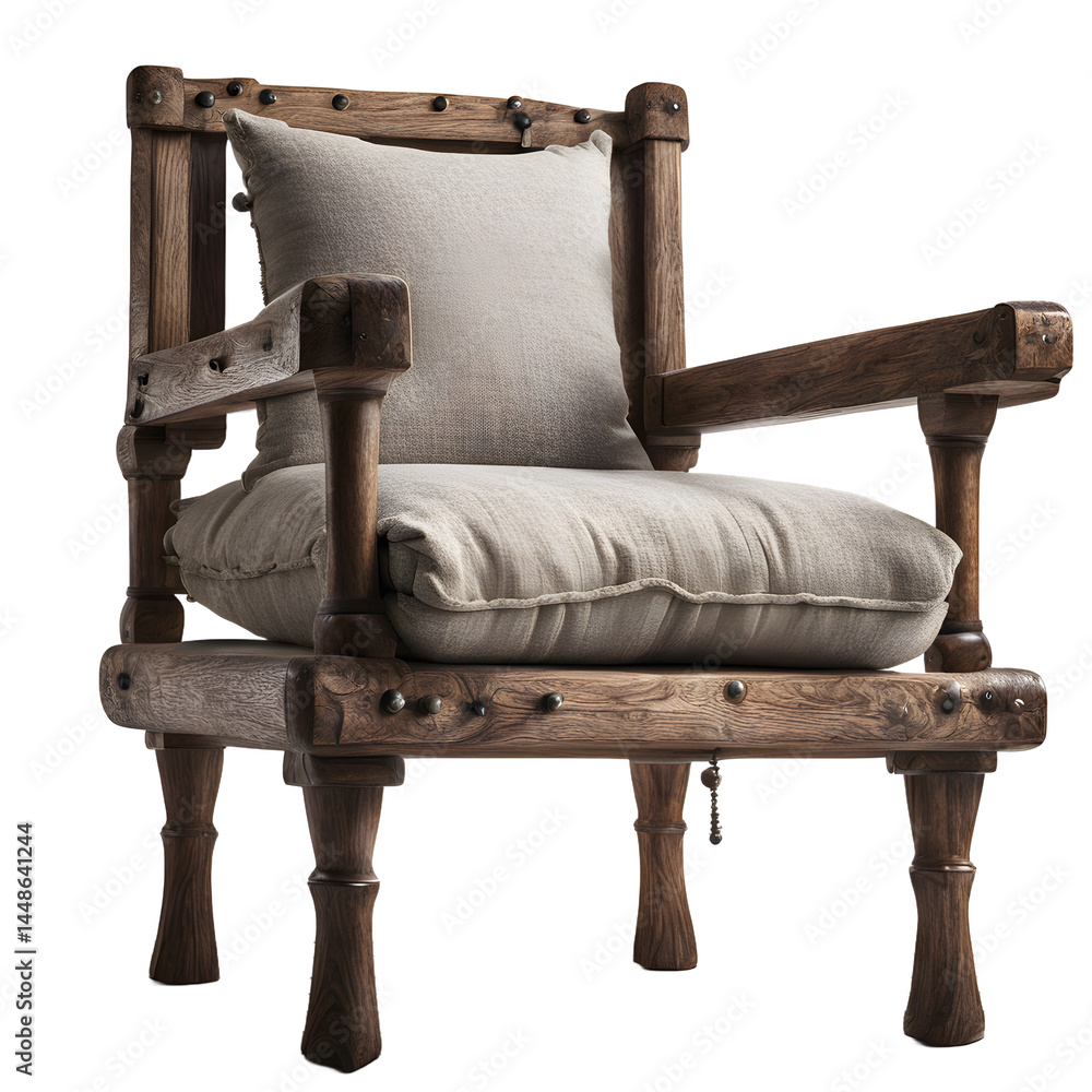 Poster medieval rustic wooden armchair with iron nails and wool cushion isolated on a empty plain backgroun