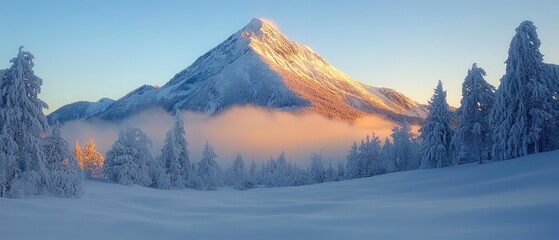 Majestic snowy mountain peak with sunrise and fog in the valley.