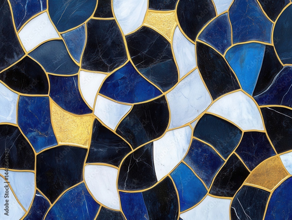 Poster elegant mosaic art with blue black and white marble tiles accented by gold lines creating a luxuriou