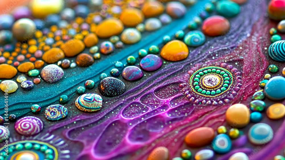 Poster mesmerizing movement of colorful beads on vibrant abstract canvas