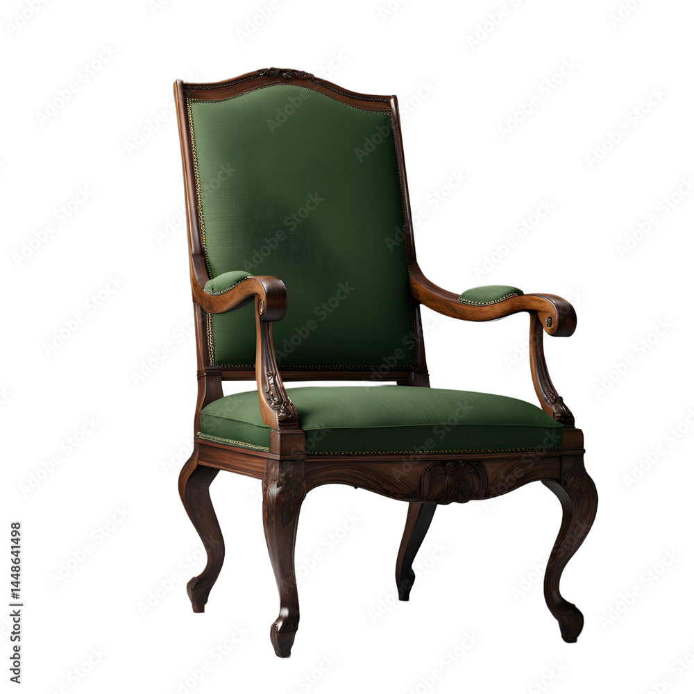Poster old colonial-style armchair in dark wood and deep green linen isolated on a empty plain background
