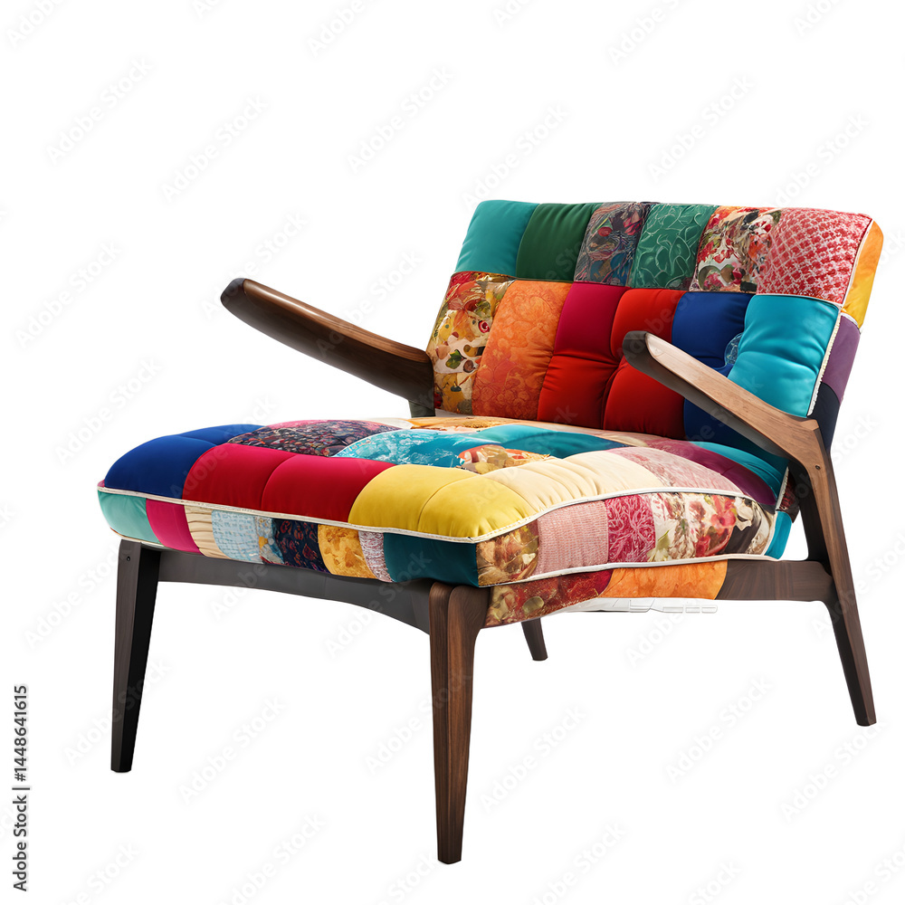 Poster postmodern colorful patchwork armchair isolated on a empty plain background