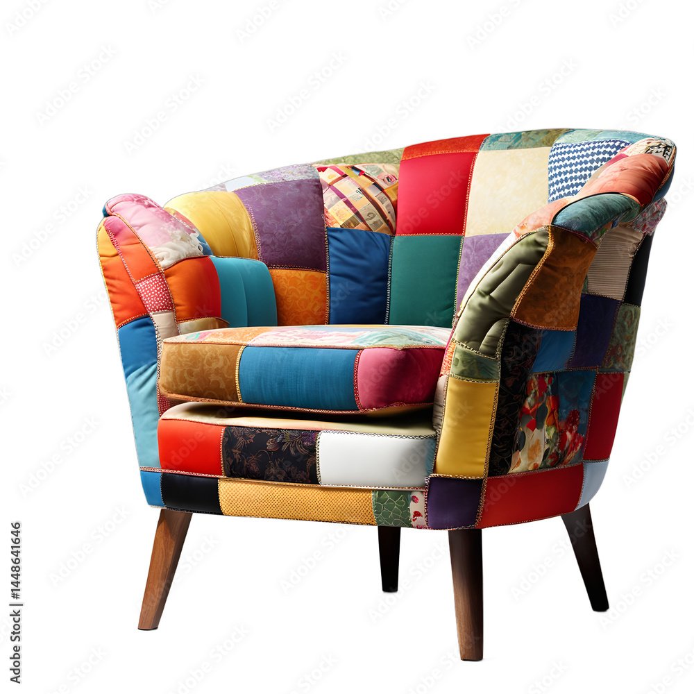 Poster postmodern colorful patchwork armchair isolated on a empty plain background