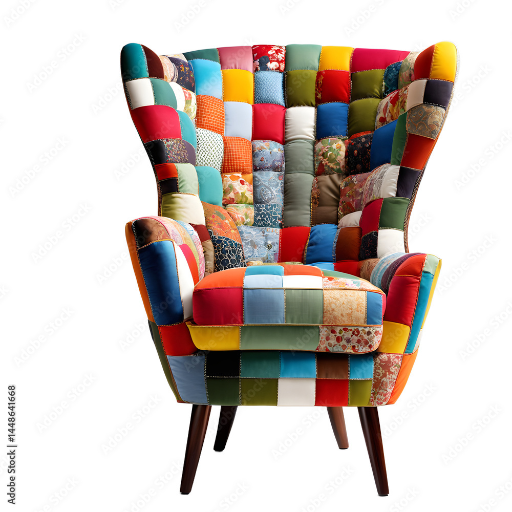 Poster postmodern colorful patchwork armchair isolated on a empty plain background