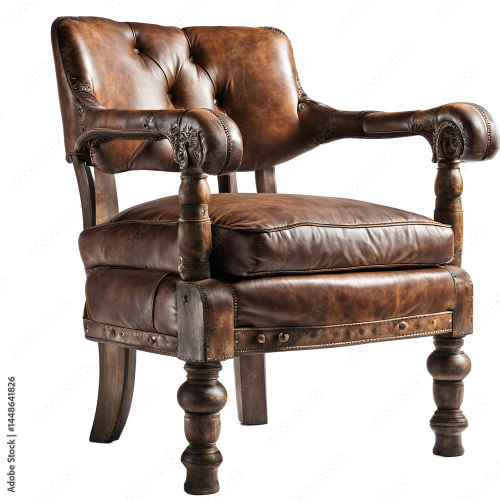 Poster rustic country-style armchair with distressed leather and wooden arms isolated on a empty plain back