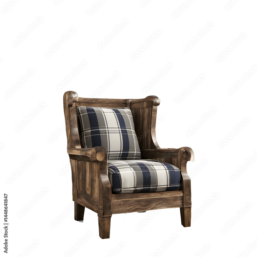 Poster Rustic barnwood armchair with plaid cushion isolated on a empty plain background