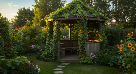 Naklejka premium Enchanting Garden Gazebo Retreat Amidst Blossoming Flora And Lush Greenery
