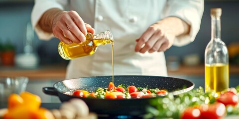 A chef pours olive oil over fresh vegetables in a skillet. This cooking scene captures the essence of culinary art and healthy eating. Perfect for food blogs and recipes. AI