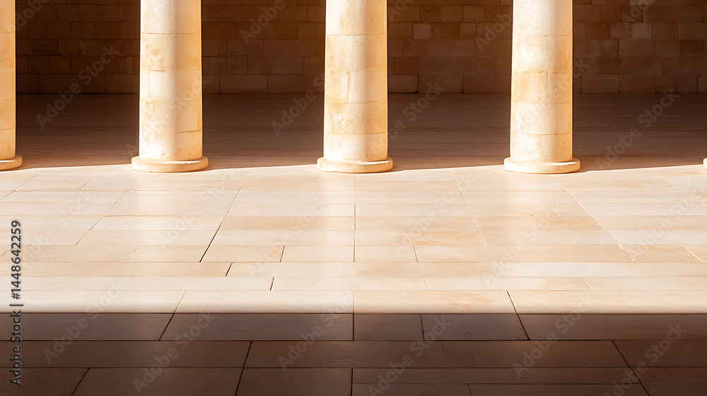 Aufkleber architectural detail featuring columns and stone flooring with light and shadow play, creating a sen