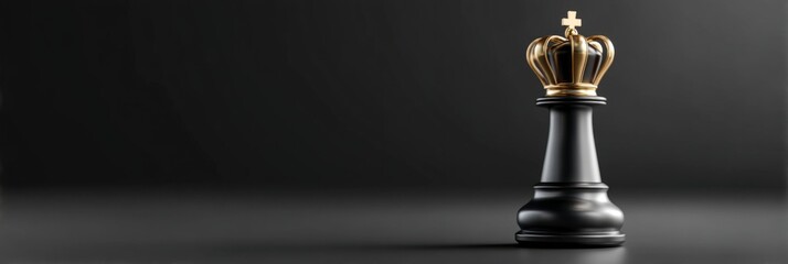 Naklejka premium Black chess king with a golden crown. The concept of this image is a symbol of power, strategy and leadership, authority, victory or strategic thinking in different contexts. With space for text.