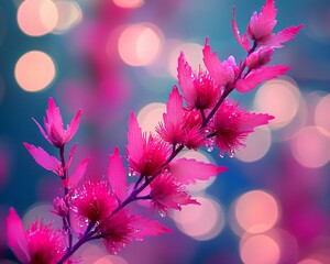 Vibrant pink blossoms with water droplets, bokeh background