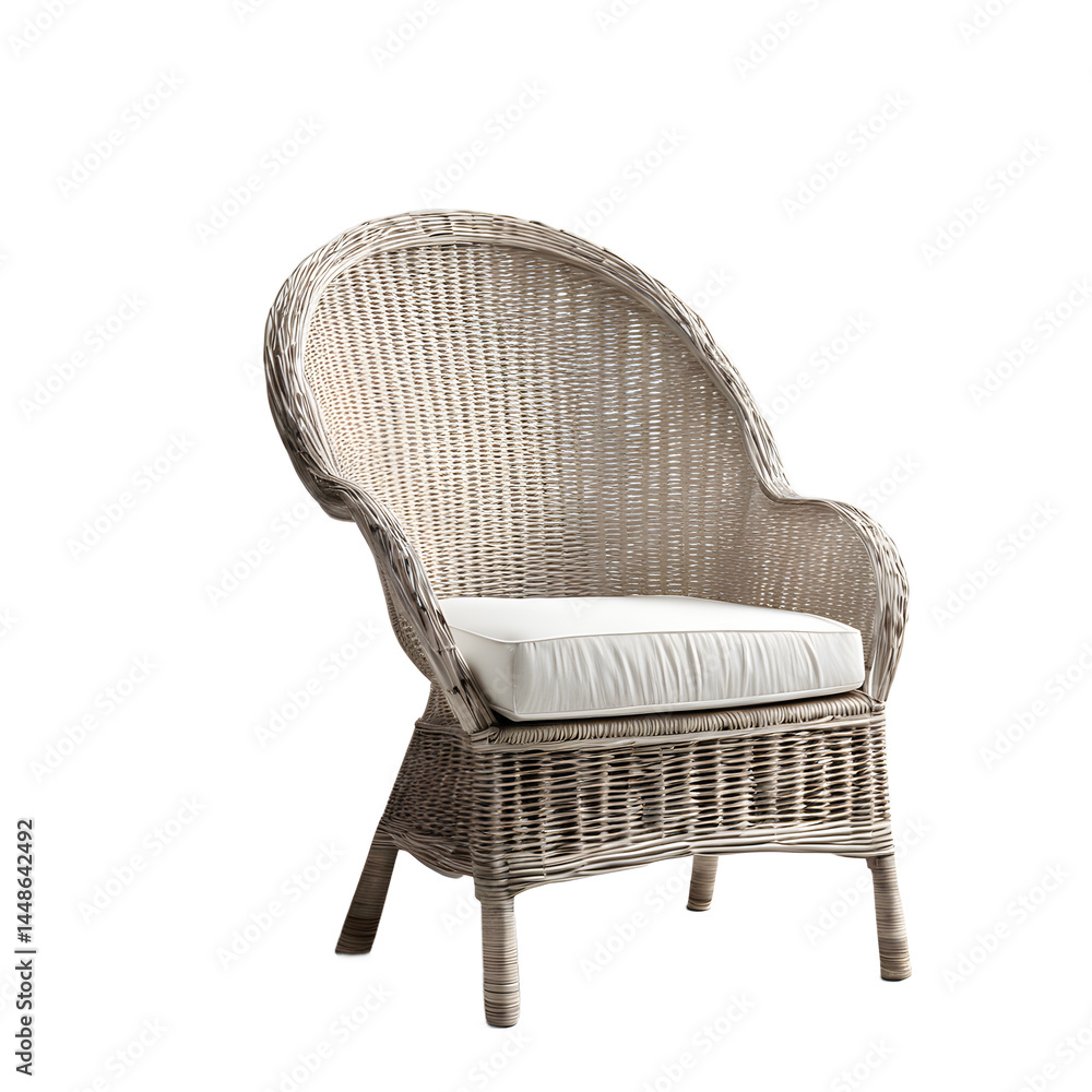 Poster Simple beach house wicker armchair in whitewash finish isolated on a empty plain background