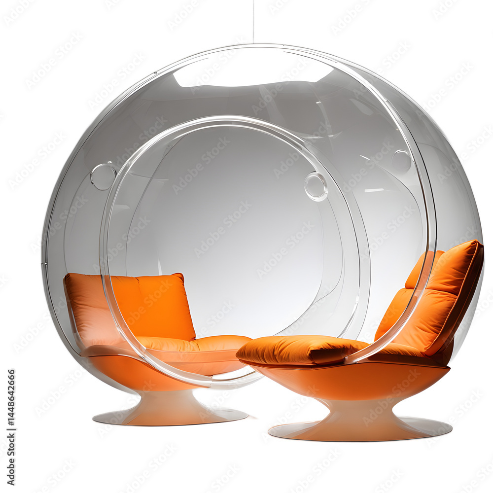 Poster space-age bubble armchair in translucent acrylic with orange cushions isolated on a empty plain back