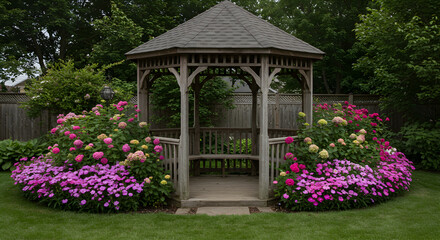Obraz premium Romantic Getaway Gazebo With Colorful Flowerbeds In A Lush Garden Setting