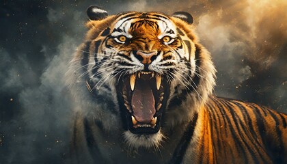 Naklejka premium Tiger roaring in dust and smoke