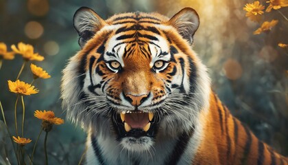 Obraz premium Tiger portrait with yellow flowers
