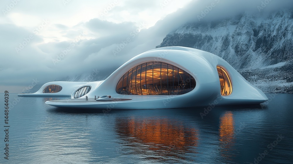 Poster futuristic floating architecture on a tranquil lake.
