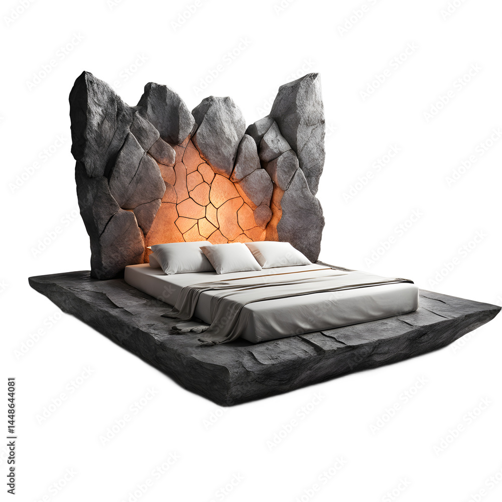 Poster fantasy floating rock slab bed with glowing runes, isolated on a empty plain background