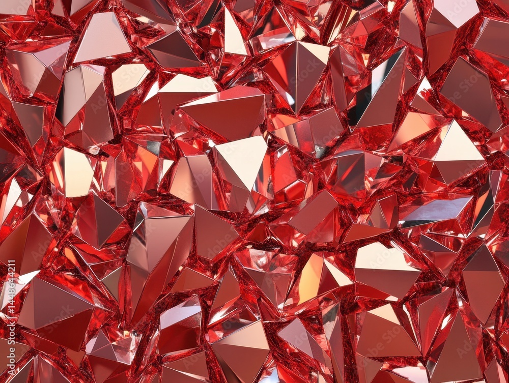 Poster abstract background of ruby red crystal shards with sharp edges and reflective surfaces creating a m