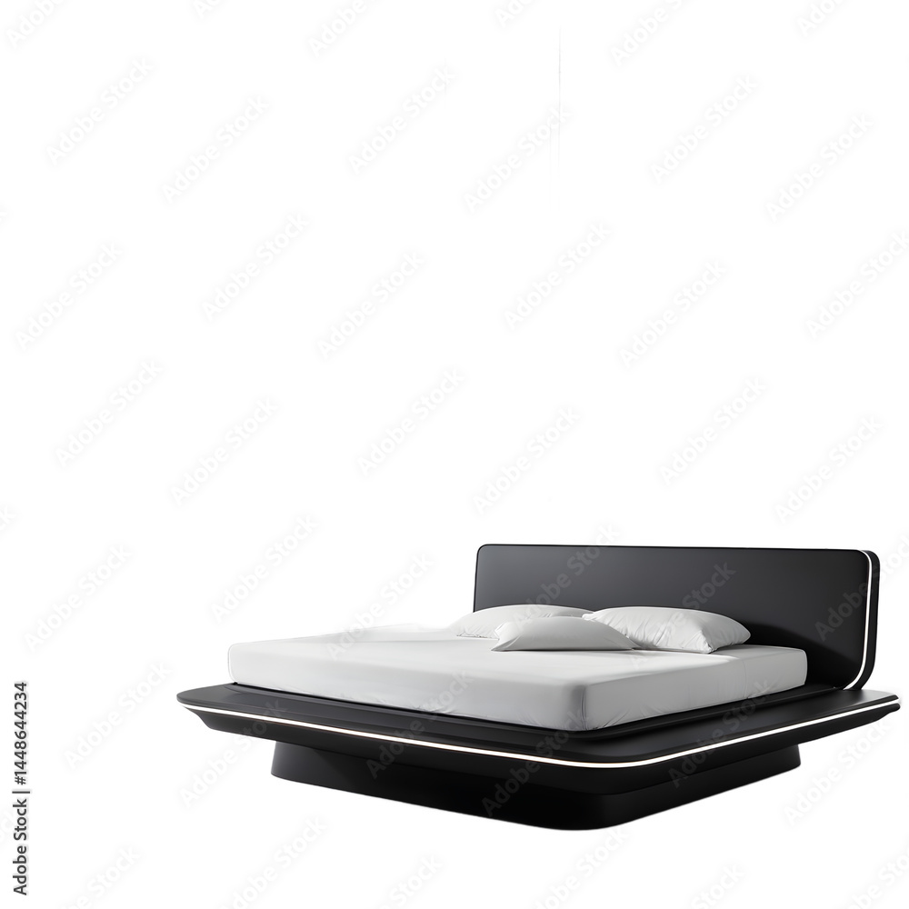 Poster high-tech levitating magnetic bed in matte black finish, isolated on a empty plain background