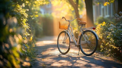 Vintage bike bathed in golden sunlight, tranquil urban park path