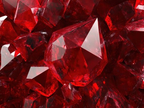 Captivating close up of vibrant red ruby crystals glistening with light and shadow showing intricate facet details creating a luxurious and precious gemstone texture