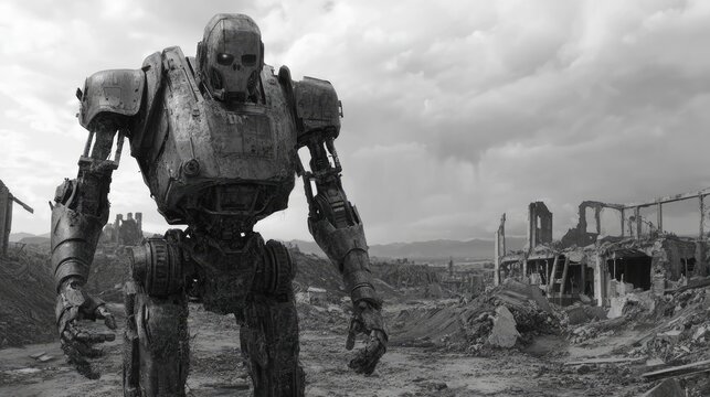 A giant, imposing robot stands amidst the ruins of a destroyed city, its skeletal face a haunting reminder of a forgotten past.