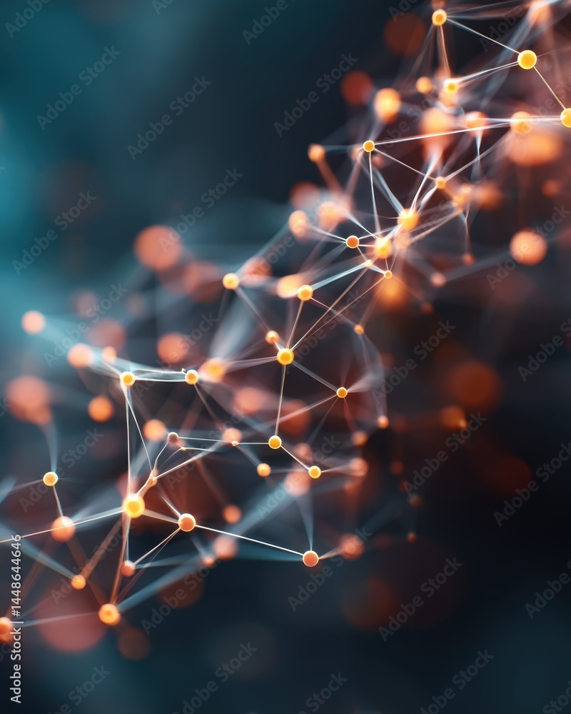 Poster abstract network connection structure with glowing nodes and lines on a dark blue background represe