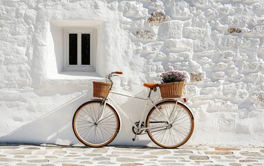 Vintage bike parked by a whitewashed wall with flowers