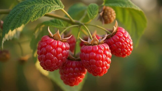 Ripe raspberries swaying gently on branch in soft natural breeze