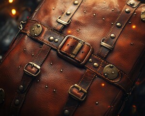 Vintage leather backpack, detailed straps and buckles