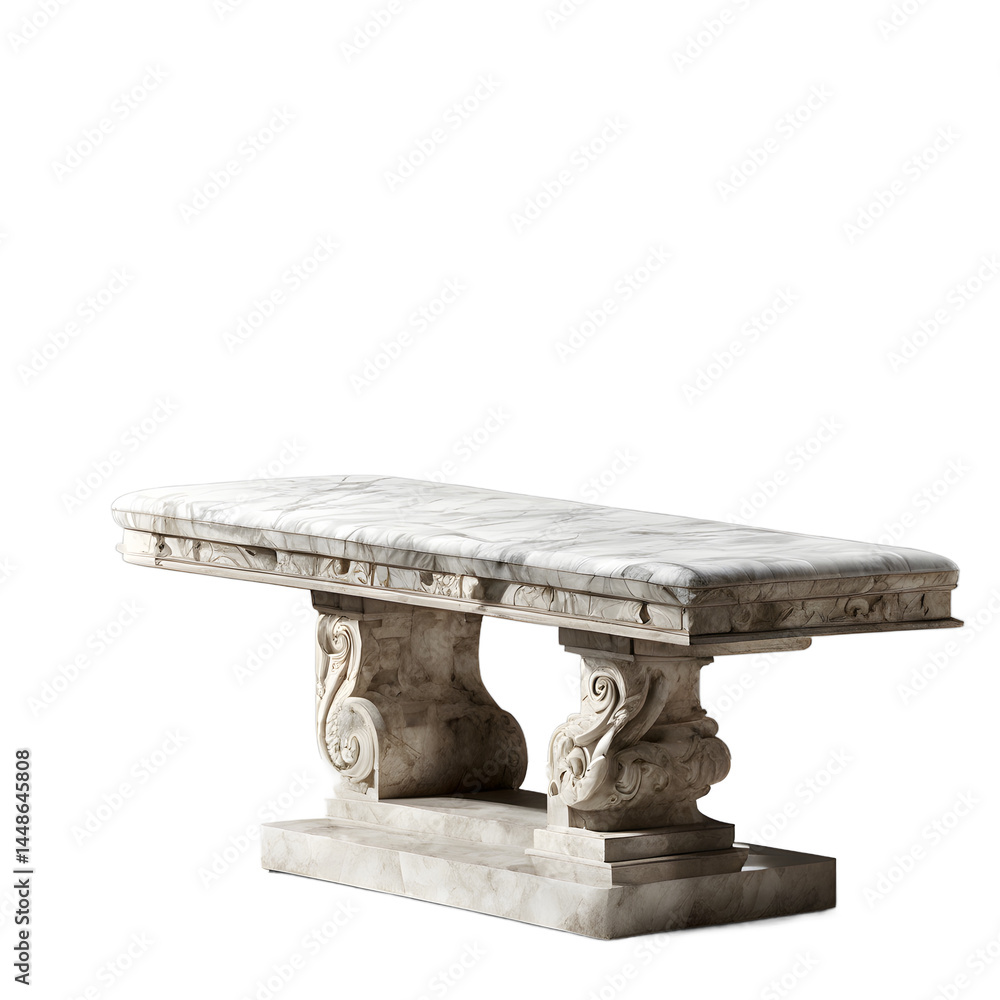 Aufkleber ancient roman marble slab bench with carved pedestal base, isolated on a empty plain background