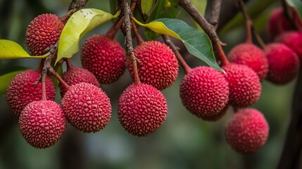 Vibrant clusters of spiky-skinned lychees against a lush green background