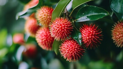 Lush Greenery Framing Bold Red Rambutans in a Natural Setting