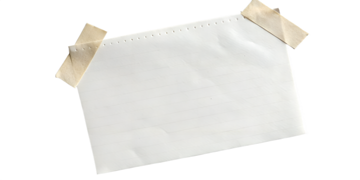 white note paper with adhesive tape on white backg