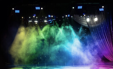 stage light with colored spotlights and smoke, concert and theatre scene 