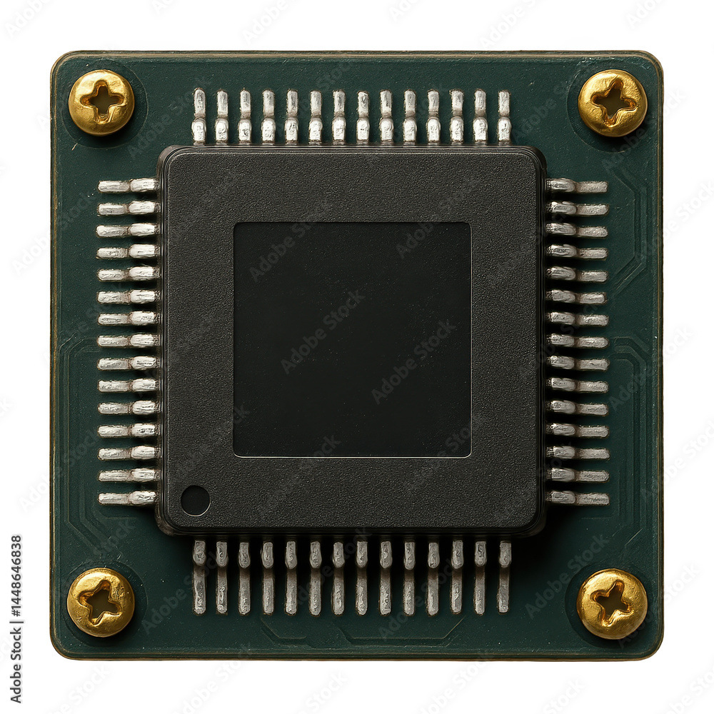 Poster macro view of a square electronic microchip on a green circuit board, featuring pins and four gold s