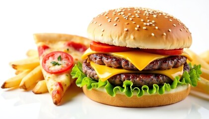 Close-up of french fries, burger, pizza slices on white background , takeout, junk food