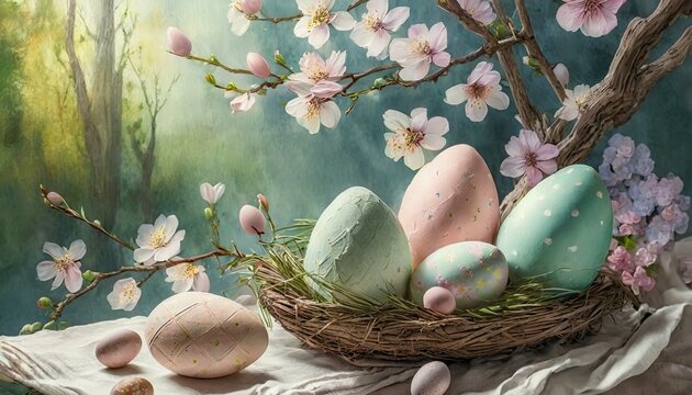 Decorative easter eggs in nest with blossoms